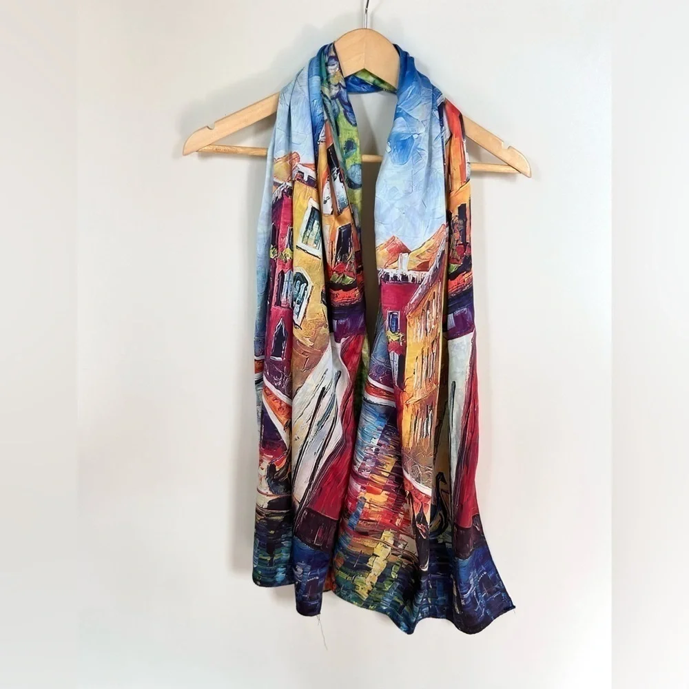 Silk made in Italy scarf double sided Venice flowers hand painted